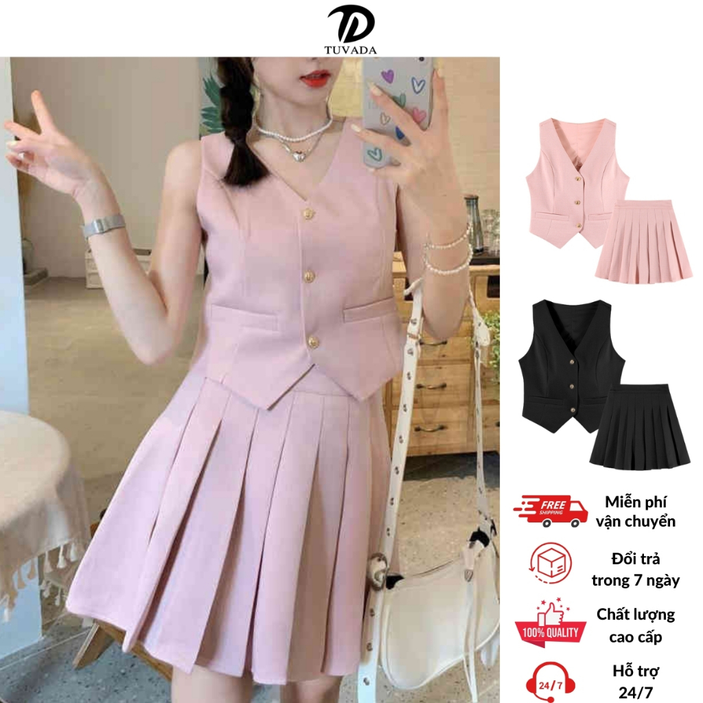 Áo gile nữ kèm chân váy xòe basic Tuvada, set gile nữ nhiều màu, áo vest gile nữ basic -VGL128