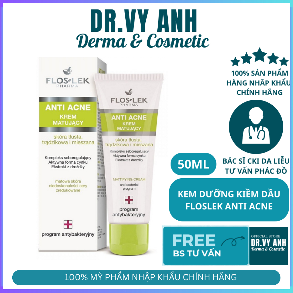 [CHÍNH HÃNG] [FLOSLEK] Kem dưỡng ẩm Floslek Anti Acne Mattifying Cream dành cho da dầu mụn 50ml BSVYANH
