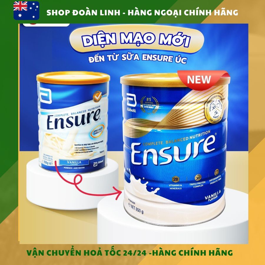 Sữa Ensure Úc 850g, Hàng chuẩn Úc, Sữa ensure úc hương vani 850g, Date 2025