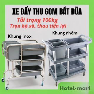   Trọn bộ xô thau  Xe đẩy thu gom thức ăn thừa Xe thu gom chén dĩa khung inox 
