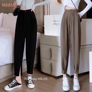 Quần baggy nữ bo gấu khóa kéo ống dáng quần tây boom lưng thun chun màu Đen Nâu chấtvải Vitex dày đi học công sở cá tính