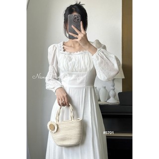 Đầm thiết kế trắng cổ U viền ren tay dài midi (HÌNH THẬT ĐỘC QUYỀN nangtho.ct) 5701