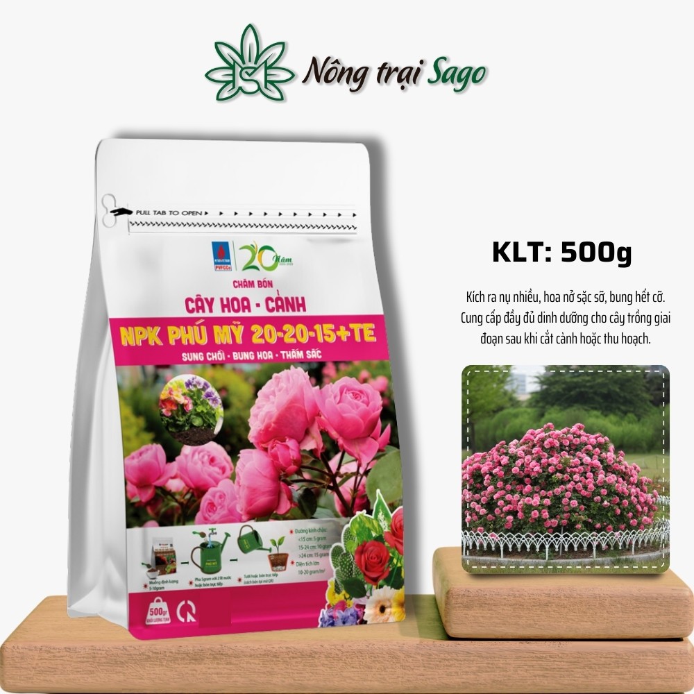 Phân Bón NPK Phú Mỹ 20-20-15 + TE (500g) dành cho Hoa và Cây Cảnh giai đoạn ra hoa, đậu trái - Nông 