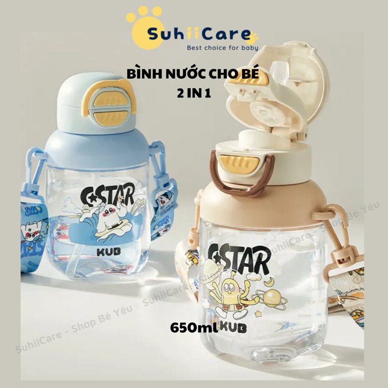 Bình nước Tritan Kub cho bé đi học, đi chơi kèm dây đeo thời trang 650ml mẫu mới 2024