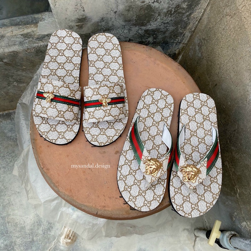 Dép Cặp Unisex Họa Tiết Quai Ngang Sọc Xanh Đỏ Phong Cách Sang Trọng
