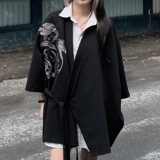 Áo khoác kimono Unisex Zunze.zx đen dáng rộng, ngắn tay in họa tiết, SAYURI KIMONO