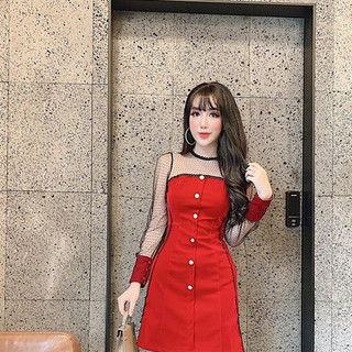 váy nhung cứng pha ren cúc ngọc