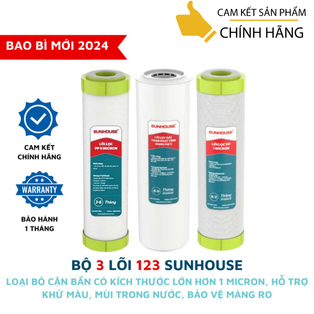Lõi lọc nước SUNHOUSE , Bộ 3 lõi lọc nước 123 Sunhouse , lõi lọc nước sunhouse 123