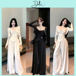 Set Bộ 3 Món Hot Girl Gồm Áo 2 Dây Trễ Nguc Vạt Nhọn + Áo Cadigan Ngắn + Quần Ống Xuông Dài Chất Liệu Thun Tăm
