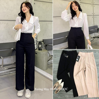 Quần ống rộng suông khóa sườn lưng cao đi học công sở màu Đen - Quần vải nữ ống rộng cạp cao khóa hông mềm co giãn nhẹ