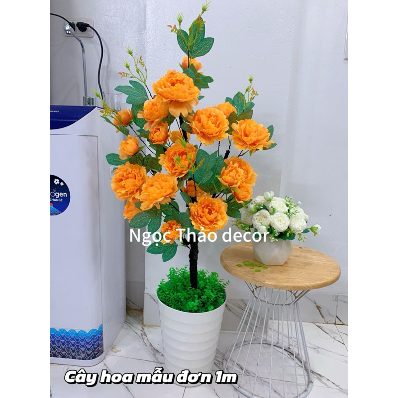 cây hoa mẫu đơn giả cao 1m, cây hoa giả trang trí, cây giả decor