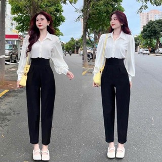 Quần tây lưng cao cạp V bản to ống baggy đứng khóa sau hông màu Đen dáng quần vải nữ công sở cạp cao đi học duyên dáng