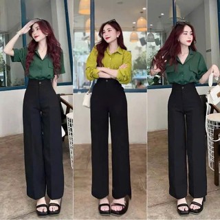 Quần ống rộng lưng cao 1 khuy không ly 2 túi bên màu Đen dài 100cm - Quần tây nữ ống rộng đi học làm công sở vải dày mềm