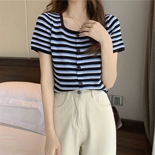 áo len dệt kim tay ngắn cổ vuông phong cách hàn quốc