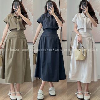 Set đồ nữ đi chơi S.205, Set áo sơ mi tay ngắn tặng cà vạt kèm chân váy dài chất kaki hai da - Shop Chấm Bi