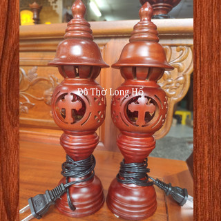Cặp đèn thờ gỗ xà cừ cao 23cm, 36cm, 41cm, 48cm