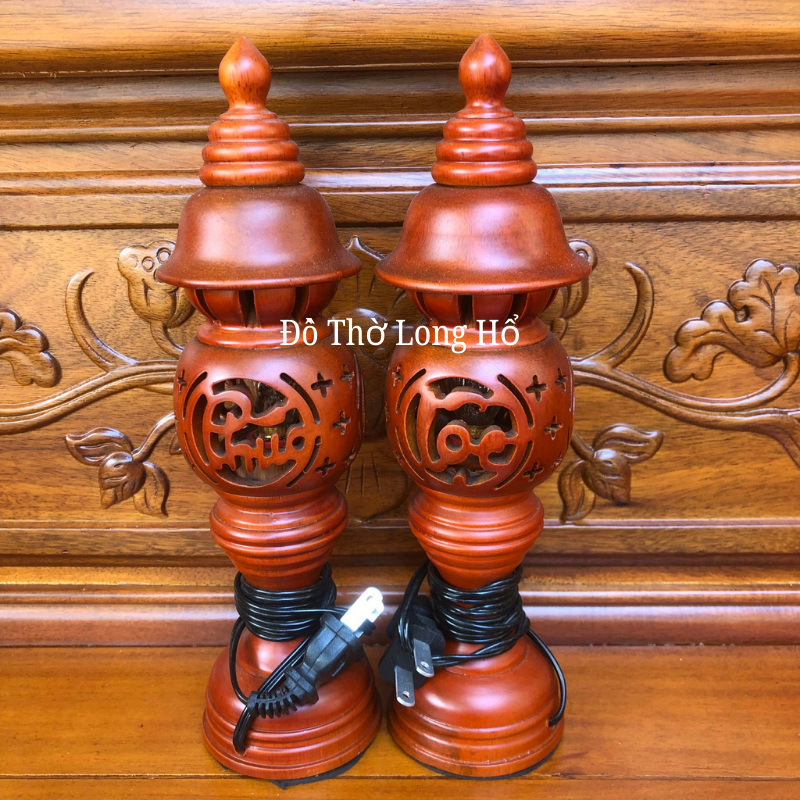 Cặp đèn thờ gỗ xà cừ cao 23cm, 36cm, 41cm, 48cm