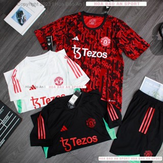 Logo Thêu - Set Bộ Quần Áo Bóng Đá Training CLB manU 2023/24 Màu Đỏ Trắng Mới - Áo MU cao cấp