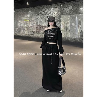SET ÁO ĐEN TRỄ LỆCH VAI CHỮ NGỰC CROPTOP TAY PHỒNG + CHÂN VÁY MAXI SUÔNG DÀI 2 MÀU (TH)