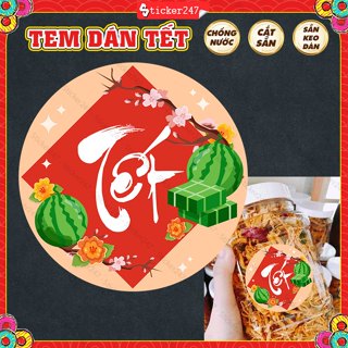 Tem Tết Decal Dán Tết Chữ Tết Dưa Hấu Bánh Chưng Hình Tròn 🌈Freeship Decal chống nước, cắt sẵn, trang trí Tết
