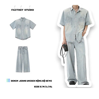 Set Denim Jeans Rock Chic Ver.2 Gồm Áo Sơ Mi  Denim Jacket Form Crop Và Quần Jean Ống Rộng Wash