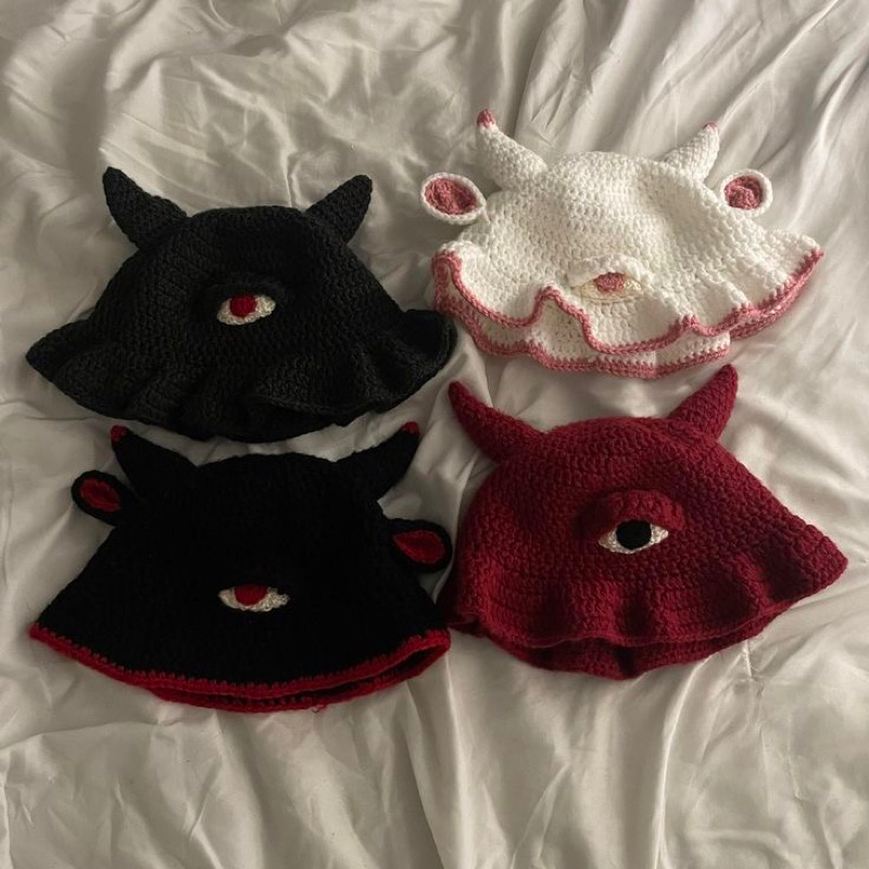 Evil bucket hat - mũ len phong cách gothic evil len móc handmade