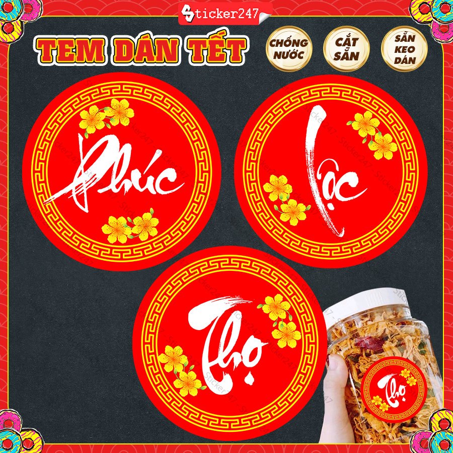 Tem Tết Decal Dán Tết Chữ Phúc, Chữ Lộc, Chữ Thọ hình tròn 🌈𝑭𝒓𝒆𝒆𝒔𝒉𝒊𝒑 Decal chống nước, cắt sẵn, tran
