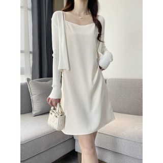 Váy 2 dây, đầm xuông - chất đũi lụa trơn basic nữ