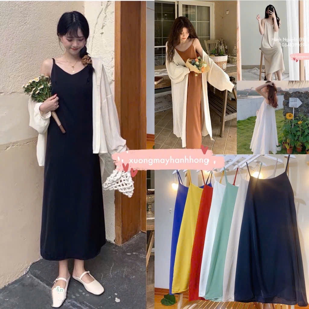 Váy 2 dây, đầm xuông - chất đũi lụa trơn basic nữ