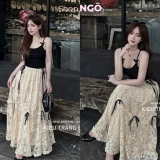 Sét váy tiểu thư, sét váy áo tăm đen hai dây đính nơ 2 bên phối chân váy len ren dáng dài maxi hai lớp đính nơ sag chảnh