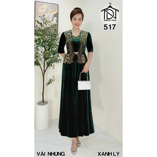 Đầm MAXI  tới gót chân, đầm trung niên dự tiệc sang trọng Nhung cao cấp đính đá tặng mẹ co giãn tốt bigsize 75KG M517