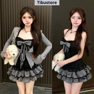  Set Đầm Hai Dây Đính Nơ  ko dây  Đuôi Xoè Tầng Viền Sọc Phối Áo Cardigan Tay Loe TIBU Set Đồ Nữ Sang Chảnh Đi Chơi S52 