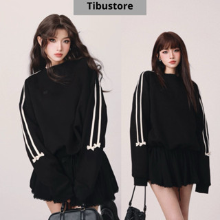 Set Áo Sweater Tay Dài Kẻ Sọc Đính Nơ Phối Chân Váy Viền Bèo TIBU Set Đồ Nữ Sang Chảnh Màu Đen Đơn Giản Đi Chơi S51