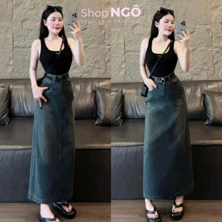 Set váy thời trang nữ sang chảnh, tôn dáng cho các nàng, set áo sát nách đen phối chân váy jean chữ a dài cực xinh iu