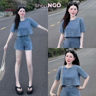 Set bộ đồ nữ chất jean qc áo croptop tay ngắn phối quần đùi màu xanh jean trẻ trung cá tính cho nữ diện đi chơi