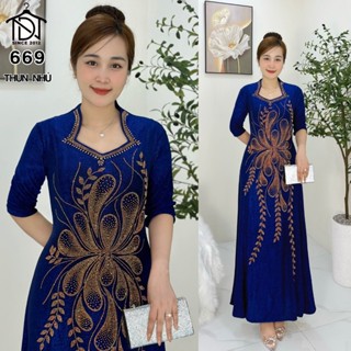 Đầm MAXI trung niên dự tiệc sang trọng vải kim tuyến nhũ kim sa tặng mẹ co giãn tốt bigsize 78kg M669