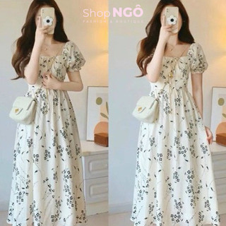 Đầm váy hoa đi biển,đi chơi chất lụa hoa tay búp cổ vuông cột nơ dáng dài phong cách nhẹ nhàng bánh bèo