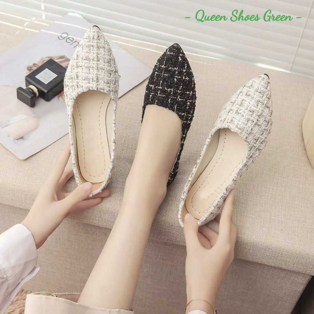 Giày búp bê nữ đế bêt mũi nhọn da mềm kẻ caro đế cực êm chân