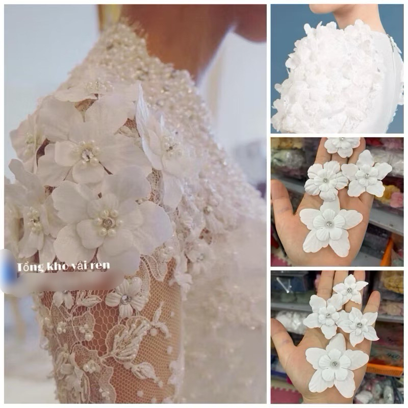 Hoa cánh lụa kết nhuỵ đá pha lê đính áo váy