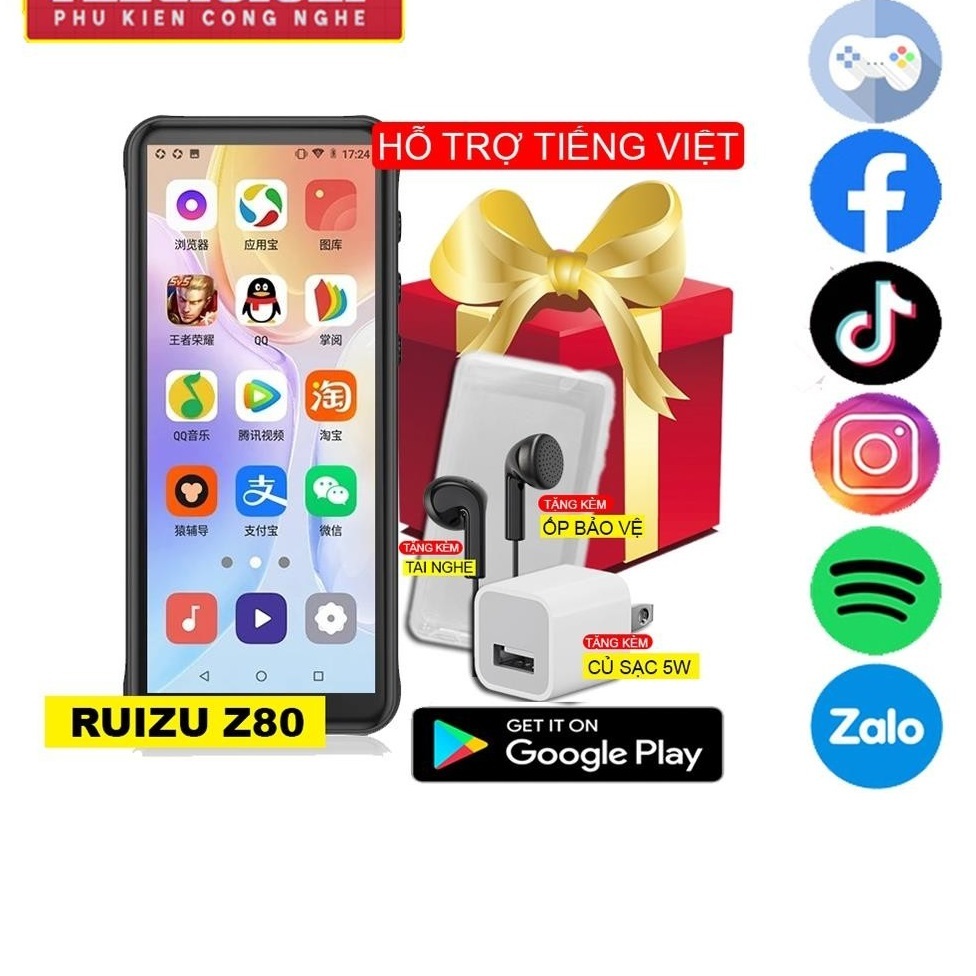 Máy Nghe Nhạc Ruizu Z80: chạy Android 8.1 MP4 Màn Hình Cảm Ứng 4.0 Inch Bluetooth WiFi - hàng chính 