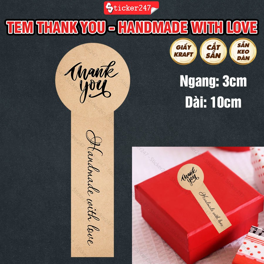 34 Tem Thank You - Hand Made With Love 🌈𝑭𝒓𝒆𝒆𝒔𝒉𝒊𝒑 Sticker Cảm Ơn Niêm Phong Giấy Kraft Vintage Sang T