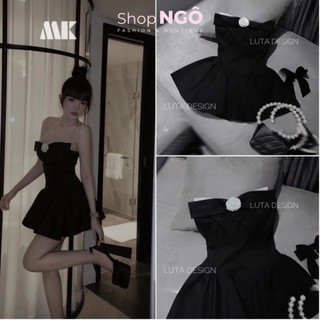 Đầm thời trang nữ, đầm đen cúp ngực dáng xòe phối nơ đính hoa giấu quần sang chảnh cho các nàng đi dự tiệc trà, đi chơi