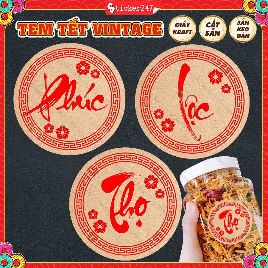 Tem Tết Vintage Chữ Phúc, Chữ Lộc, Chữ Thọ,Tài, An 🌈𝑭𝒓𝒆𝒆𝒔𝒉𝒊𝒑 Decal Giấy Kraft Vintage Sang Trọng, Tr