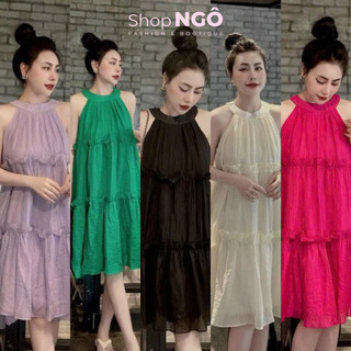 Đầm váy maxi đi biển du lịch,Đầm cổ yếm dáng baby doll xoè 5 màu chất lụa mát phù hợp diện đi du lịch ngày hè