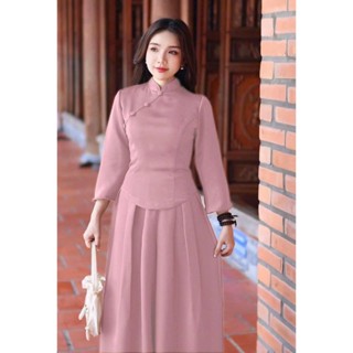 Sét lam đi chùa chất tuyết nhung áo cổ tàu nút bọc tay dài xếp ly eo tạo dáng kèm quần ống rộng dài maxxi