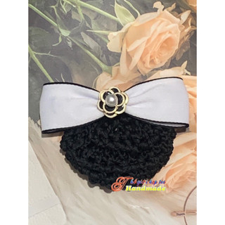 Kẹp búi lưới handmade màu trắng viền đen đính hoa đen K91-M2