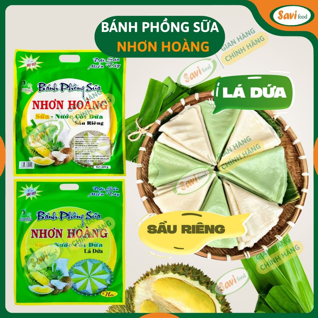 Bánh Phồng Sữa Nhơn Hoàng, Bánh Tráng Sữa vị sầu riêng, lá dứa, cốt dừa thơm ngon SaviFood