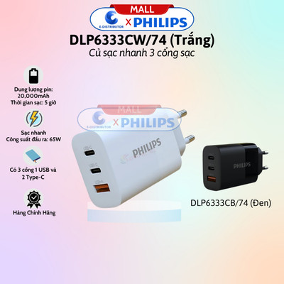[HỎA TỐC] Sạc đa cổng Philips Wall Charger 1USB 2Type-C 65W QC 3.0 DLP6333CW/74 - DLP6333CB/74 - Hàng chính hãng