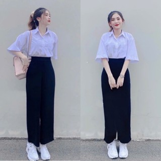 Quần ống rộng khóa sườn đi học làm công sở cạp cao màu đen dáng quần tây nữ lưng cao học sinh dài vải tuyết mưa dày mềm
