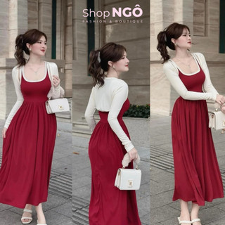 Đầm váy nữ mặc đi chơi Set đầm đỏ dáng body suông hai dây viền trắng kèm khoác croptop basic siêu hack dáng maxi đi bien